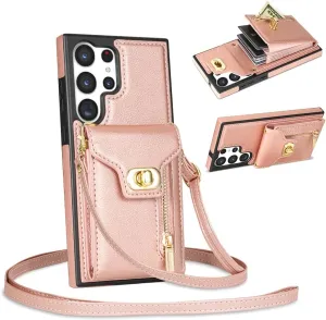 Crossbody Wallet Case for Samsung Galaxy S25 Ultra, Flip Leather Purse Case with Card Holder, Protective Handbag Women Phone Cover with Zipper Long Strap for Samsung S25 Ultra, Rose Gold