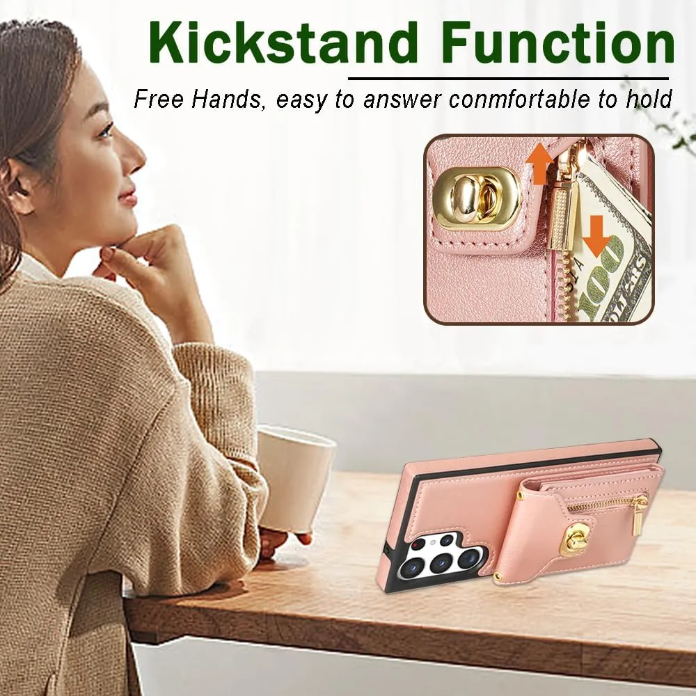 Crossbody Wallet Case for Samsung Galaxy S25 Ultra, Flip Leather Purse Case with Card Holder, Protective Handbag Women Phone Cover with Zipper Long Strap for Samsung S25 Ultra, Rose Gold