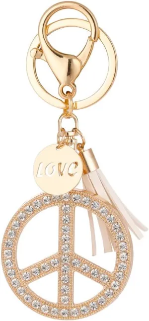 Crystal Peace Sign Keychain Purse Handbag Pendant Rhinestone Car Keyring for Women Backpack (Gold)
