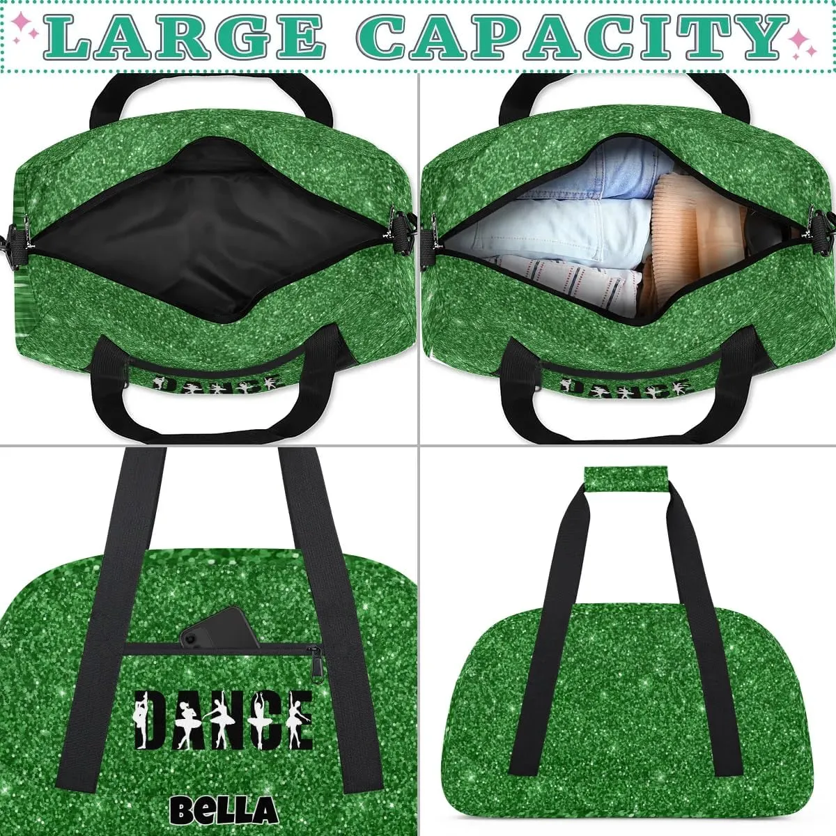 Custom Dance Gym Bag Ballet Personalized Name Sport Duffel Bag for Girls Carry On Overnight Weekender Travel Bag Training Bags, Glitter Green