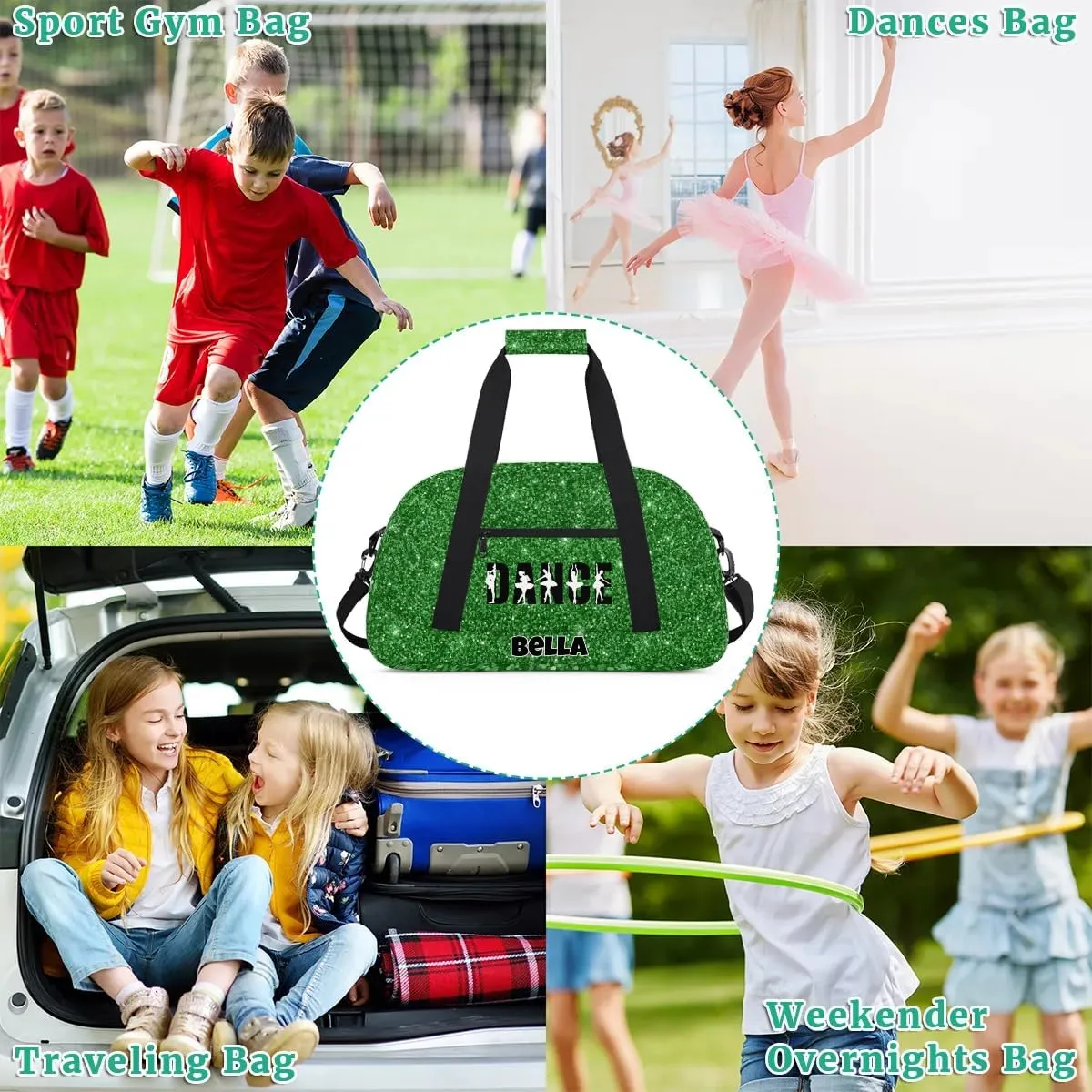 Custom Dance Gym Bag Ballet Personalized Name Sport Duffel Bag for Girls Carry On Overnight Weekender Travel Bag Training Bags, Glitter Green