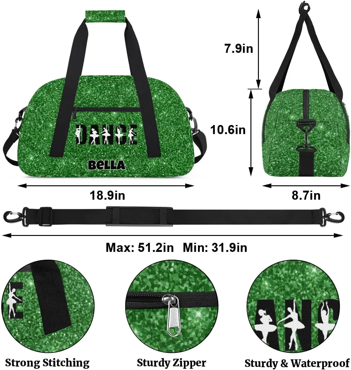 Custom Dance Gym Bag Ballet Personalized Name Sport Duffel Bag for Girls Carry On Overnight Weekender Travel Bag Training Bags, Glitter Green