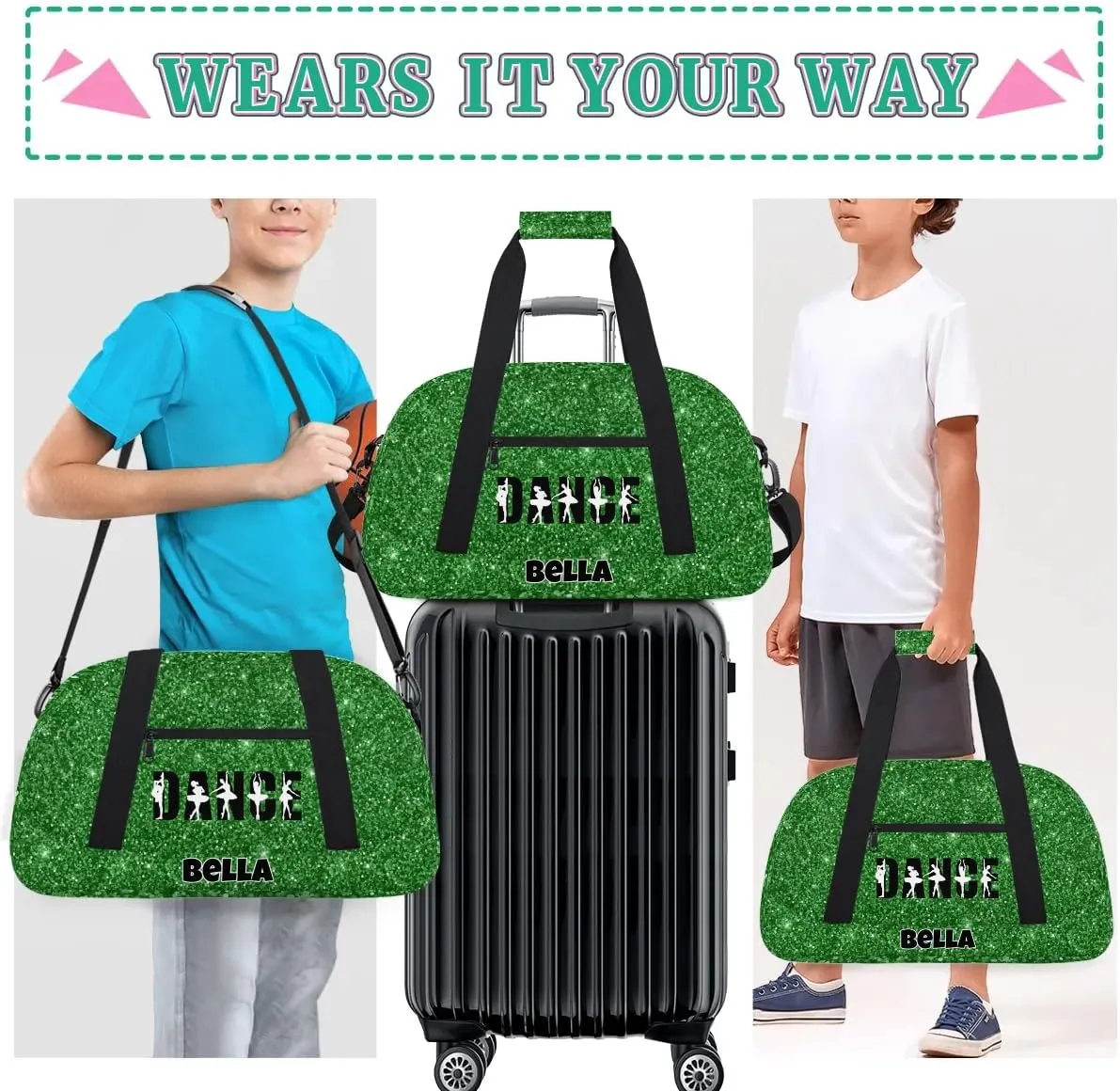 Custom Dance Gym Bag Ballet Personalized Name Sport Duffel Bag for Girls Carry On Overnight Weekender Travel Bag Training Bags, Glitter Green