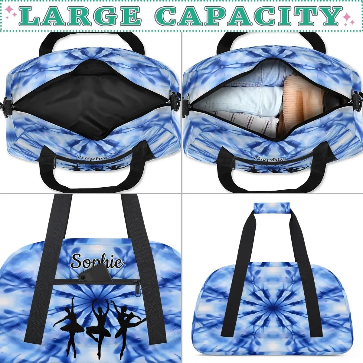 Custom Dance Gym Bags Ballet Personalized Name Sport Overnight Duffel Bags for Girls Weekender Travel Bag Carry On Training Bag, Blue Tie Dye Print