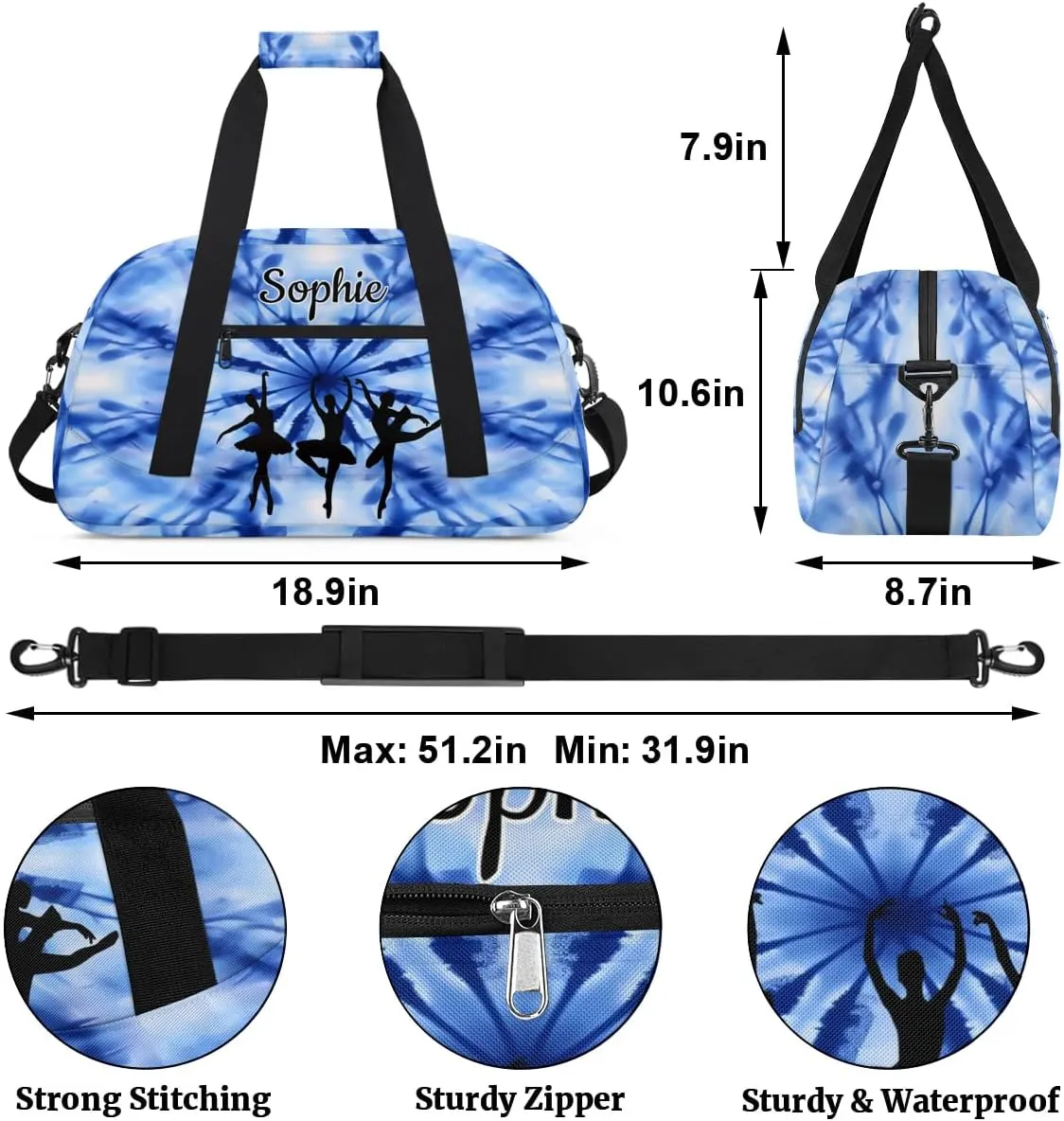 Custom Dance Gym Bags Ballet Personalized Name Sport Overnight Duffel Bags for Girls Weekender Travel Bag Carry On Training Bag, Blue Tie Dye Print