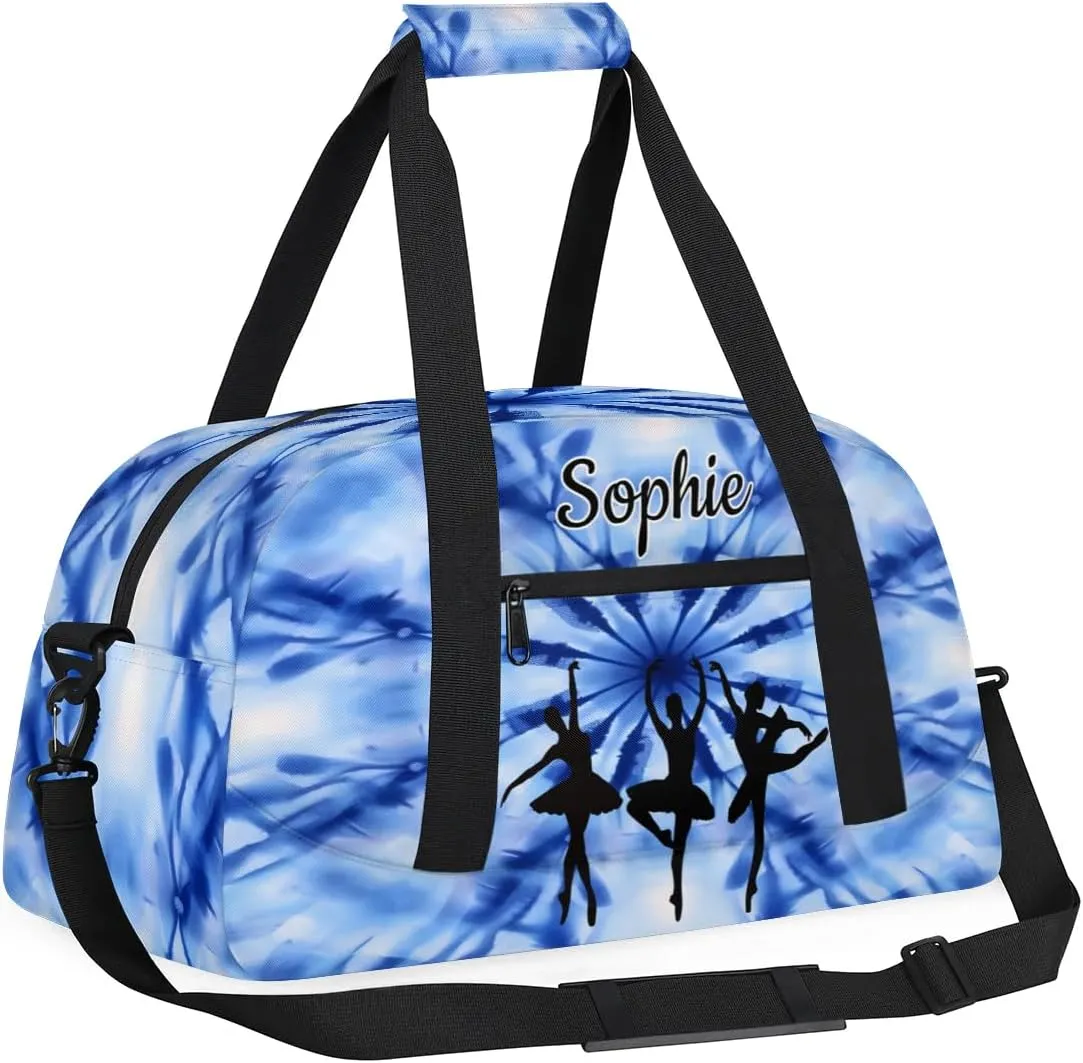 Custom Dance Gym Bags Ballet Personalized Name Sport Overnight Duffel Bags for Girls Weekender Travel Bag Carry On Training Bag, Blue Tie Dye Print
