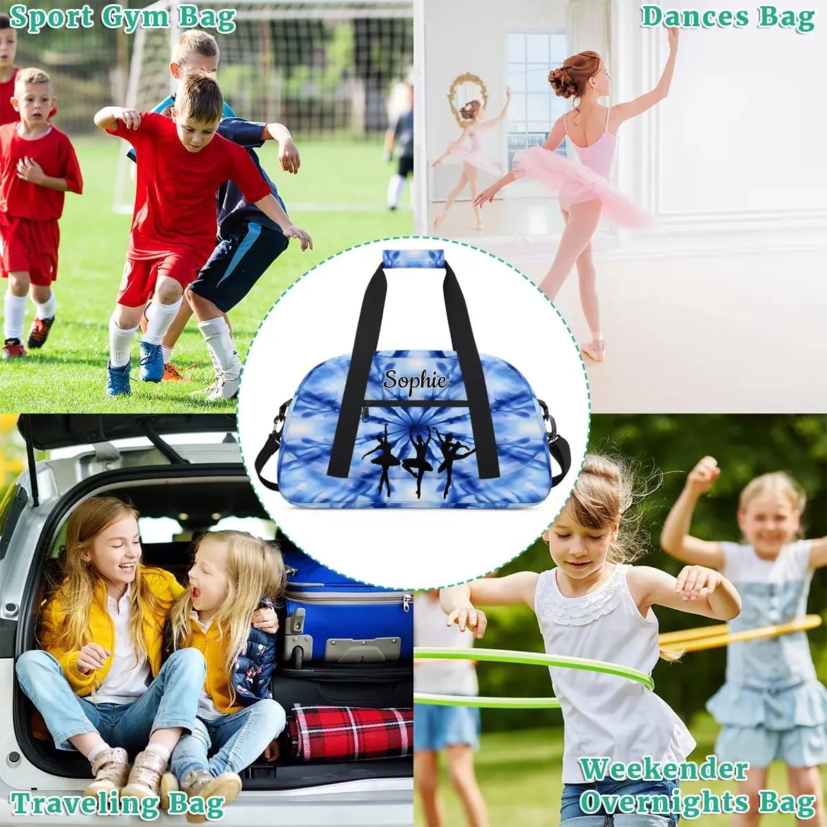 Custom Dance Gym Bags Ballet Personalized Name Sport Overnight Duffel Bags for Girls Weekender Travel Bag Carry On Training Bag, Blue Tie Dye Print