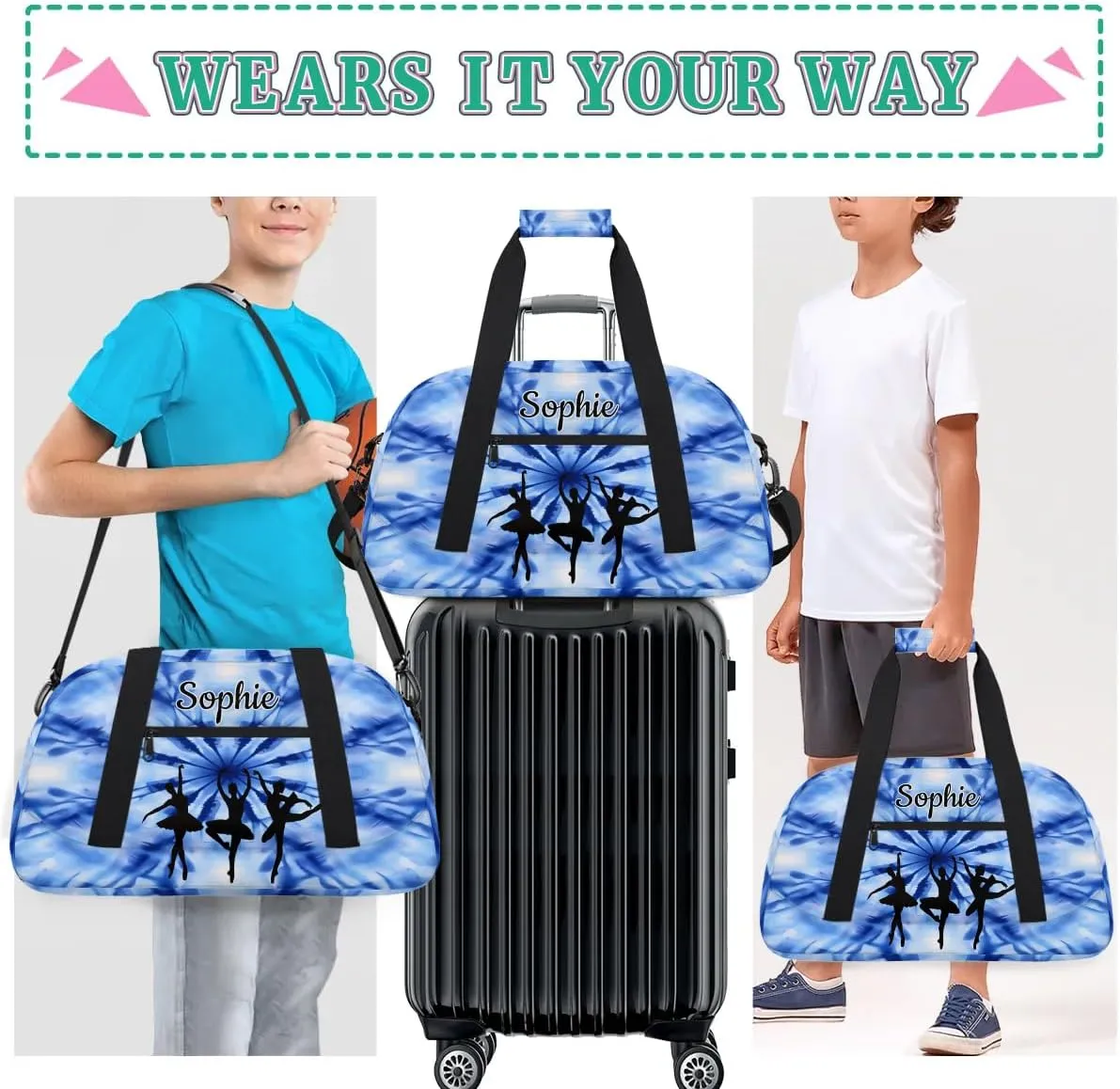 Custom Dance Gym Bags Ballet Personalized Name Sport Overnight Duffel Bags for Girls Weekender Travel Bag Carry On Training Bag, Blue Tie Dye Print