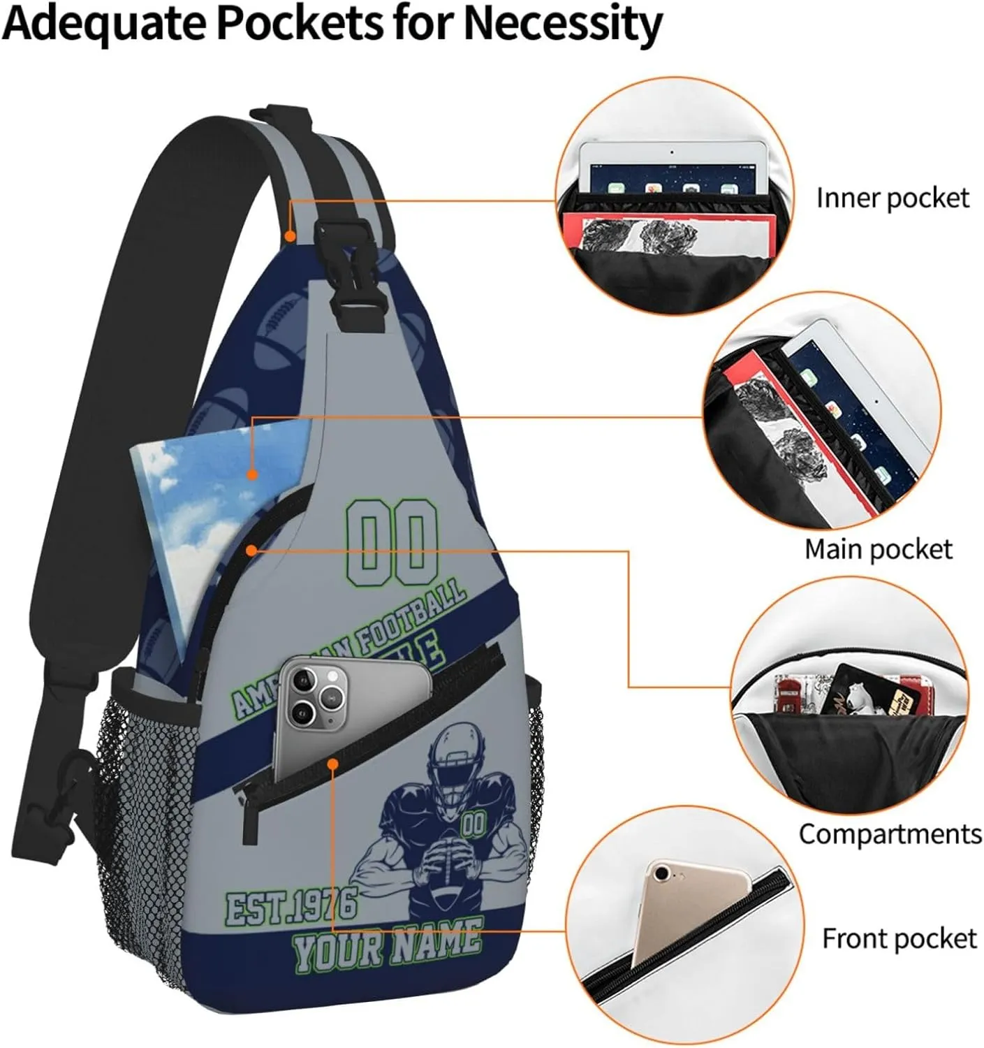 Custom Football Sling Bag Seattle Style Crossbody Bags Personalized Name And Number Shoulder Backpack Lightweight Chest Pack for Sports/Travel/Gifts