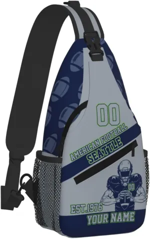 Custom Football Sling Bag Seattle Style Crossbody Bags Personalized Name And Number Shoulder Backpack Lightweight Chest Pack for Sports/Travel/Gifts