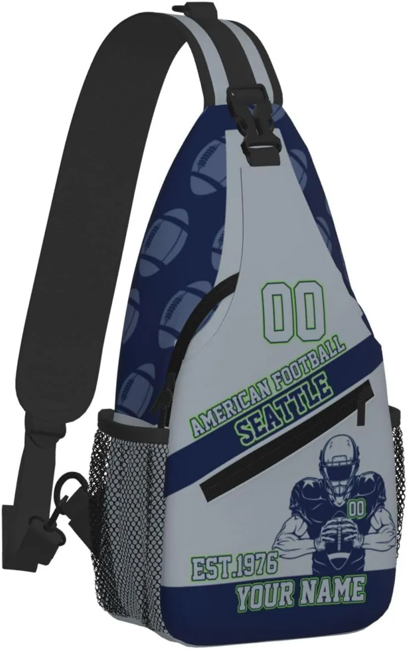 Custom Football Sling Bag Seattle Style Crossbody Bags Personalized Name And Number Shoulder Backpack Lightweight Chest Pack for Sports/Travel/Gifts