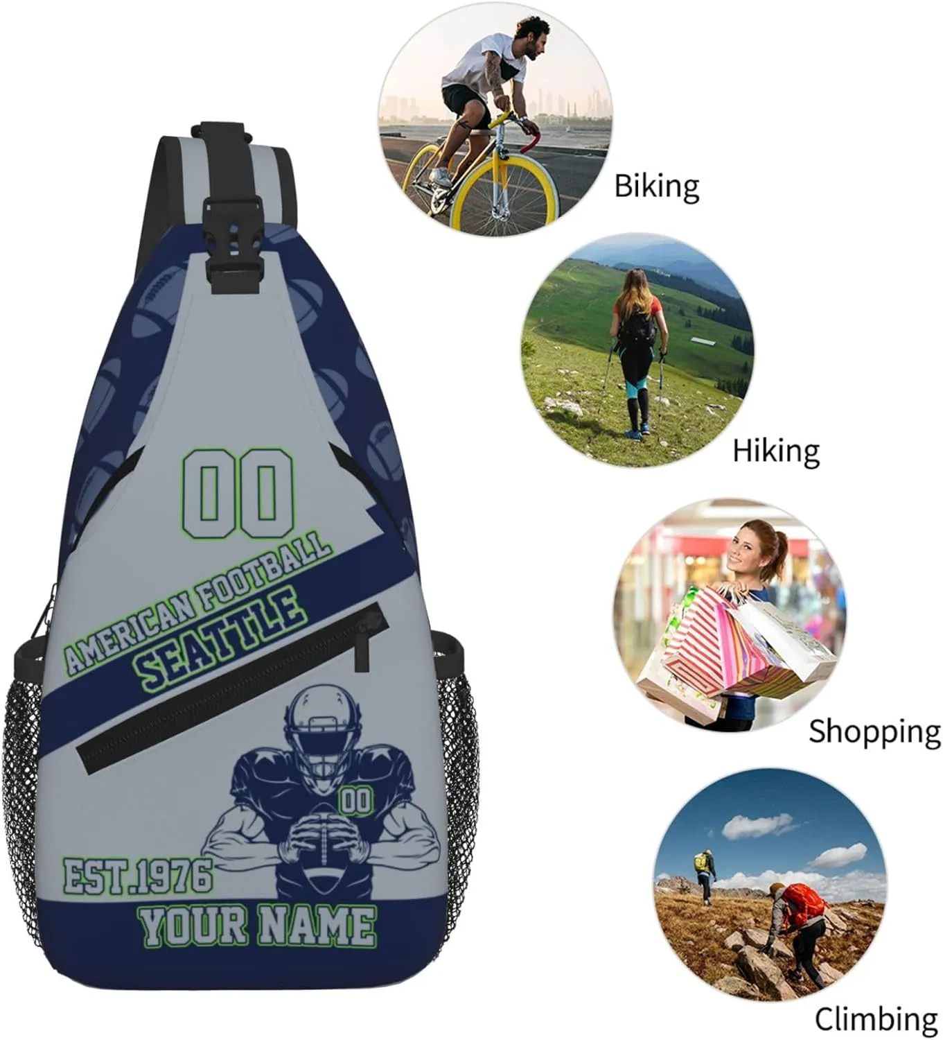 Custom Football Sling Bag Seattle Style Crossbody Bags Personalized Name And Number Shoulder Backpack Lightweight Chest Pack for Sports/Travel/Gifts