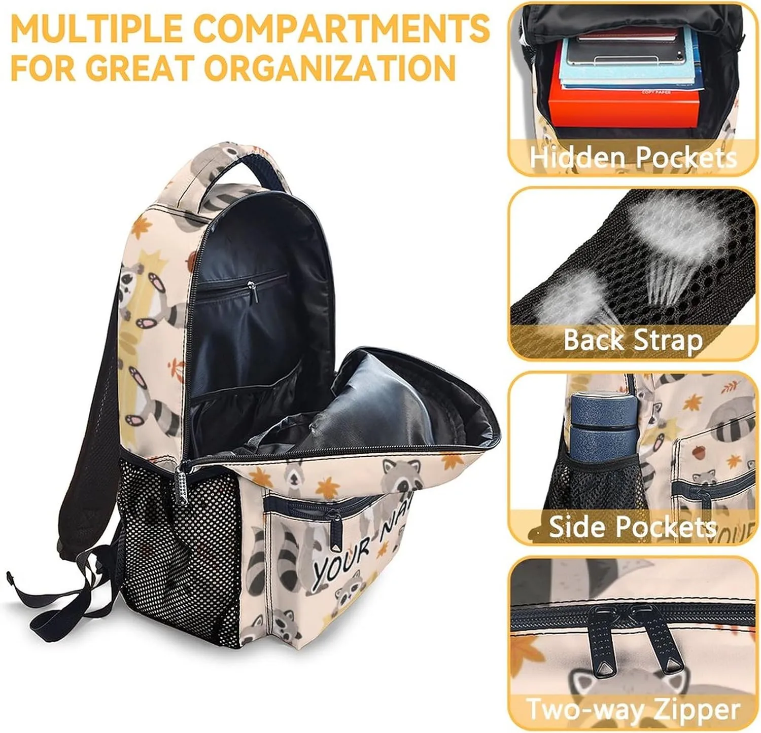 Custom Kids School Backpack - 17 Inch Cute Raccoon Bookbag for Girls Boys - Personalized Preppy School Bag for Students Elementary Middle School - Casual Animal Backpacks