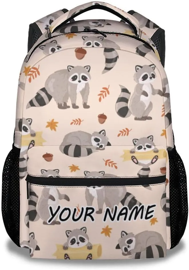 Custom Kids School Backpack - 17 Inch Cute Raccoon Bookbag for Girls Boys - Personalized Preppy School Bag for Students Elementary Middle School - Casual Animal Backpacks