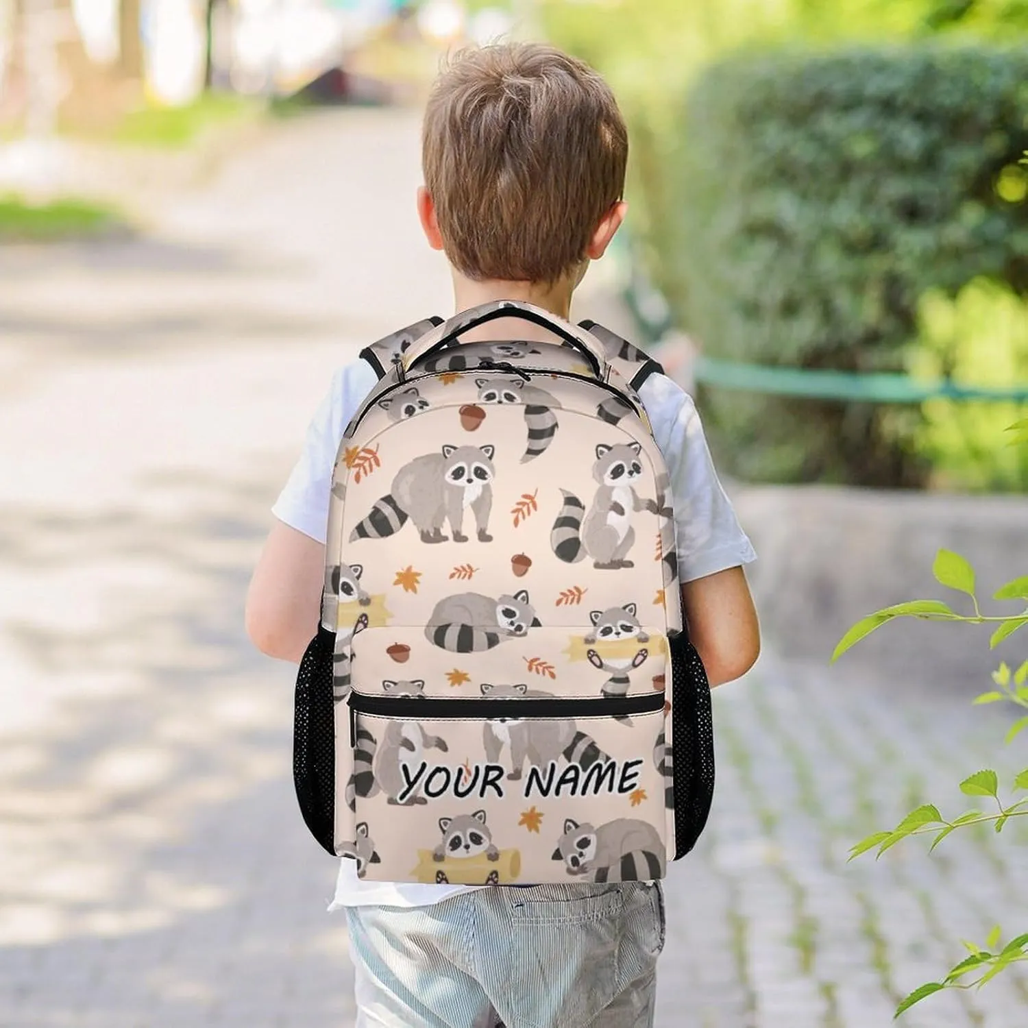 Custom Kids School Backpack - 17 Inch Cute Raccoon Bookbag for Girls Boys - Personalized Preppy School Bag for Students Elementary Middle School - Casual Animal Backpacks