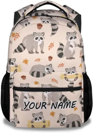 Custom Kids School Backpack - 17 Inch Cute Raccoon Bookbag for Girls Boys - Personalized Preppy School Bag for Students Elementary Middle School - Casual Animal Backpacks