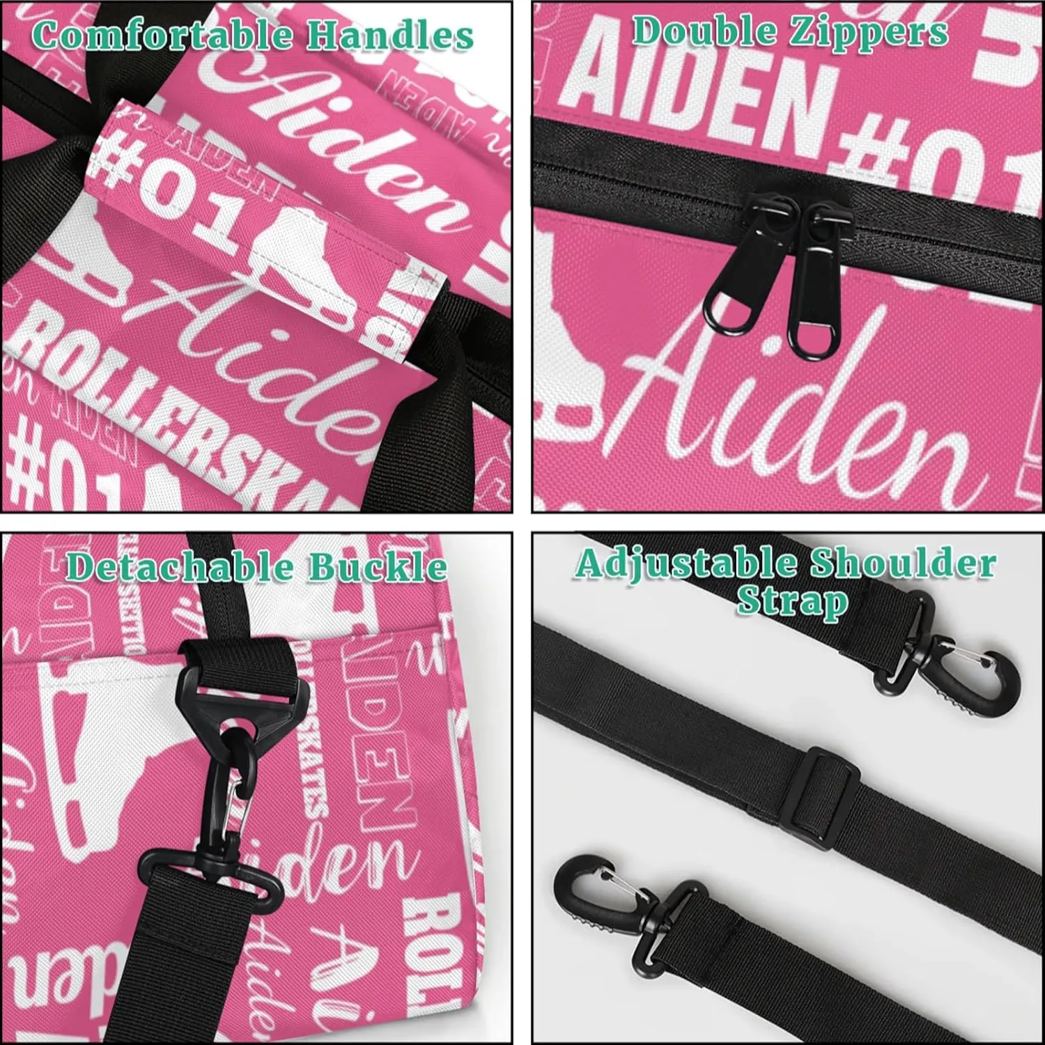 Custom Name Roller Skates Duffle Bag Personalized Number Sports Gym Bags Weekender Overnight Training Bag, Light Pink
