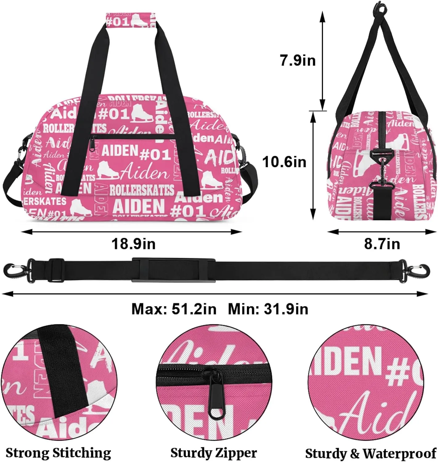 Custom Name Roller Skates Duffle Bag Personalized Number Sports Gym Bags Weekender Overnight Training Bag, Light Pink