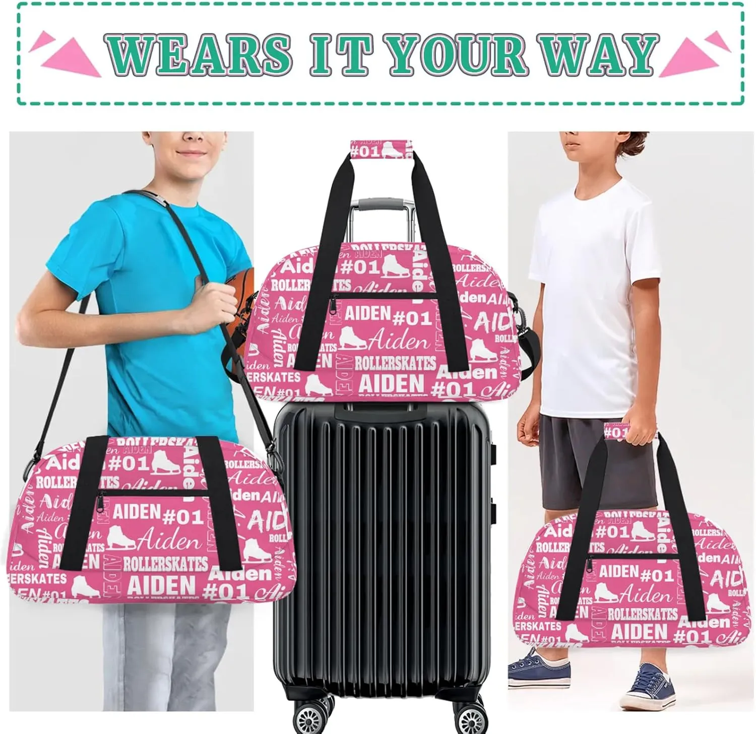 Custom Name Roller Skates Duffle Bag Personalized Number Sports Gym Bags Weekender Overnight Training Bag, Light Pink