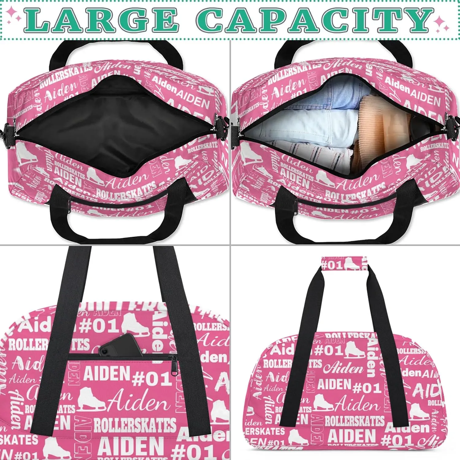 Custom Name Roller Skates Duffle Bag Personalized Number Sports Gym Bags Weekender Overnight Training Bag, Light Pink