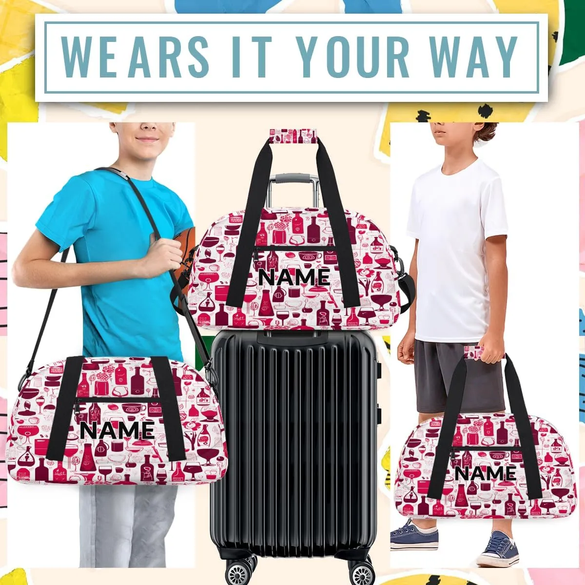 Custom Wine Small Gym Bag 18 inch for Women Men Personalized Abstract Drink Glasses Carry On Overnight Weekender Bag for Travel Work Dance Sport