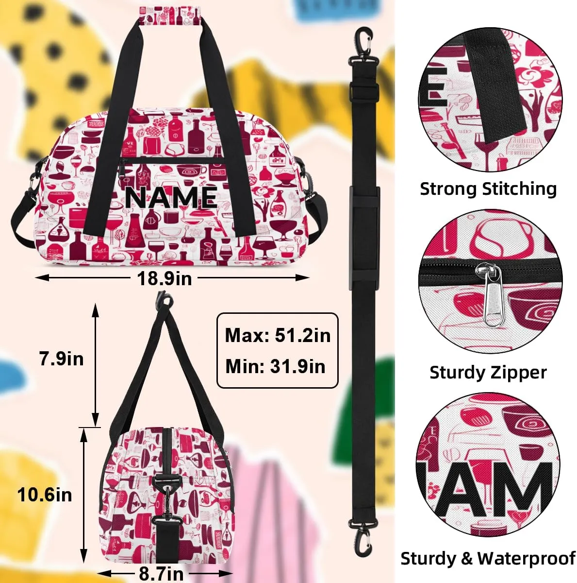 Custom Wine Small Gym Bag 18 inch for Women Men Personalized Abstract Drink Glasses Carry On Overnight Weekender Bag for Travel Work Dance Sport