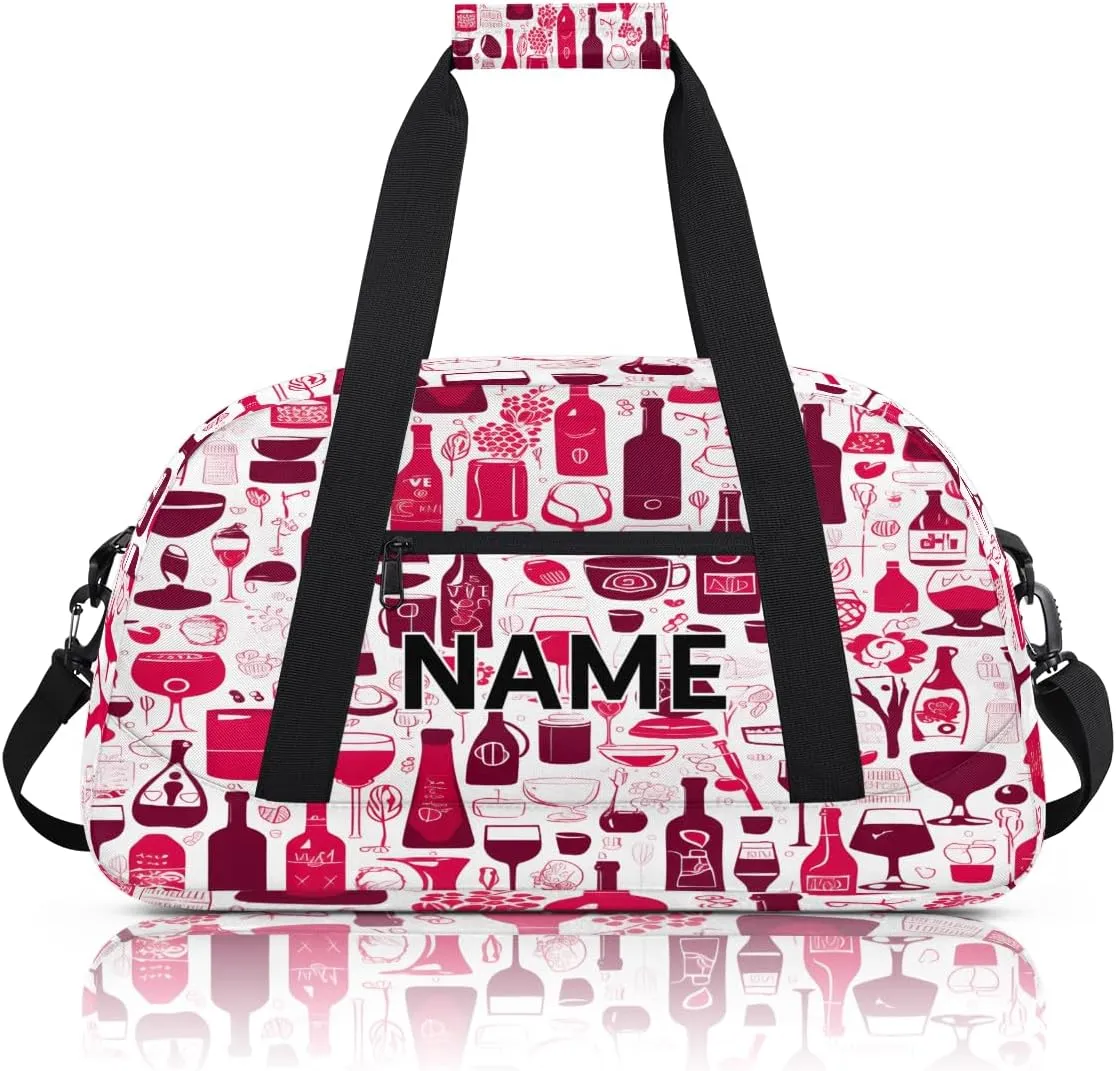 Custom Wine Small Gym Bag 18 inch for Women Men Personalized Abstract Drink Glasses Carry On Overnight Weekender Bag for Travel Work Dance Sport