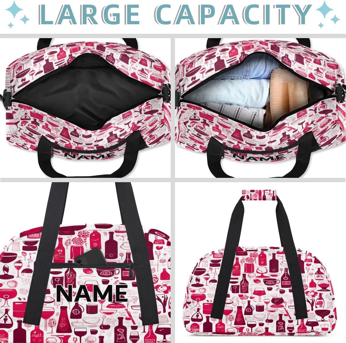 Custom Wine Small Gym Bag 18 inch for Women Men Personalized Abstract Drink Glasses Carry On Overnight Weekender Bag for Travel Work Dance Sport