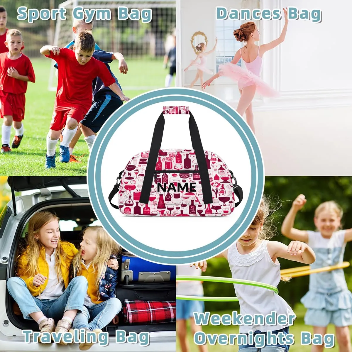 Custom Wine Small Gym Bag 18 inch for Women Men Personalized Abstract Drink Glasses Carry On Overnight Weekender Bag for Travel Work Dance Sport
