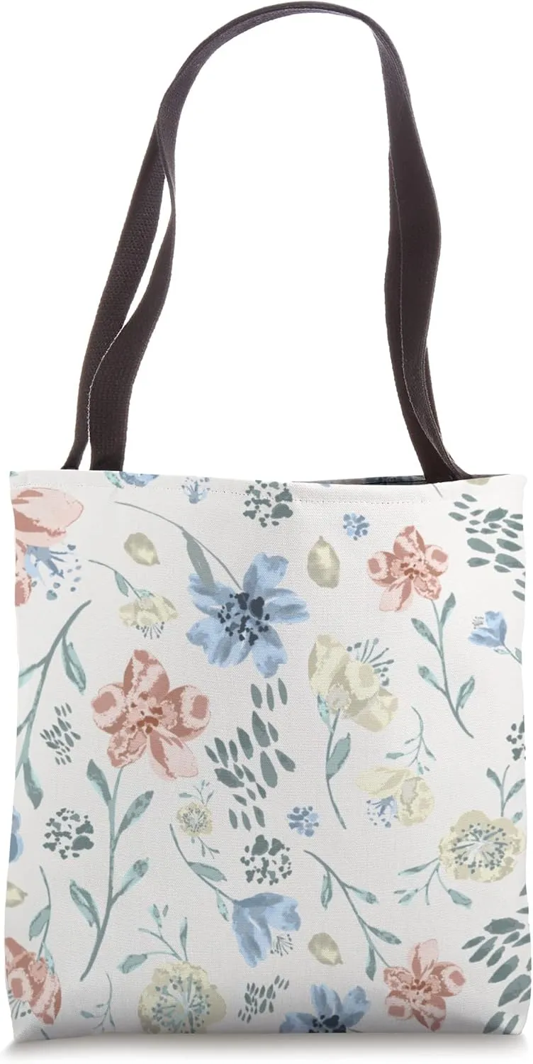 Cute Blue and Beige Floral Grandma Vibe Shabby Cottage Print Tote Bag