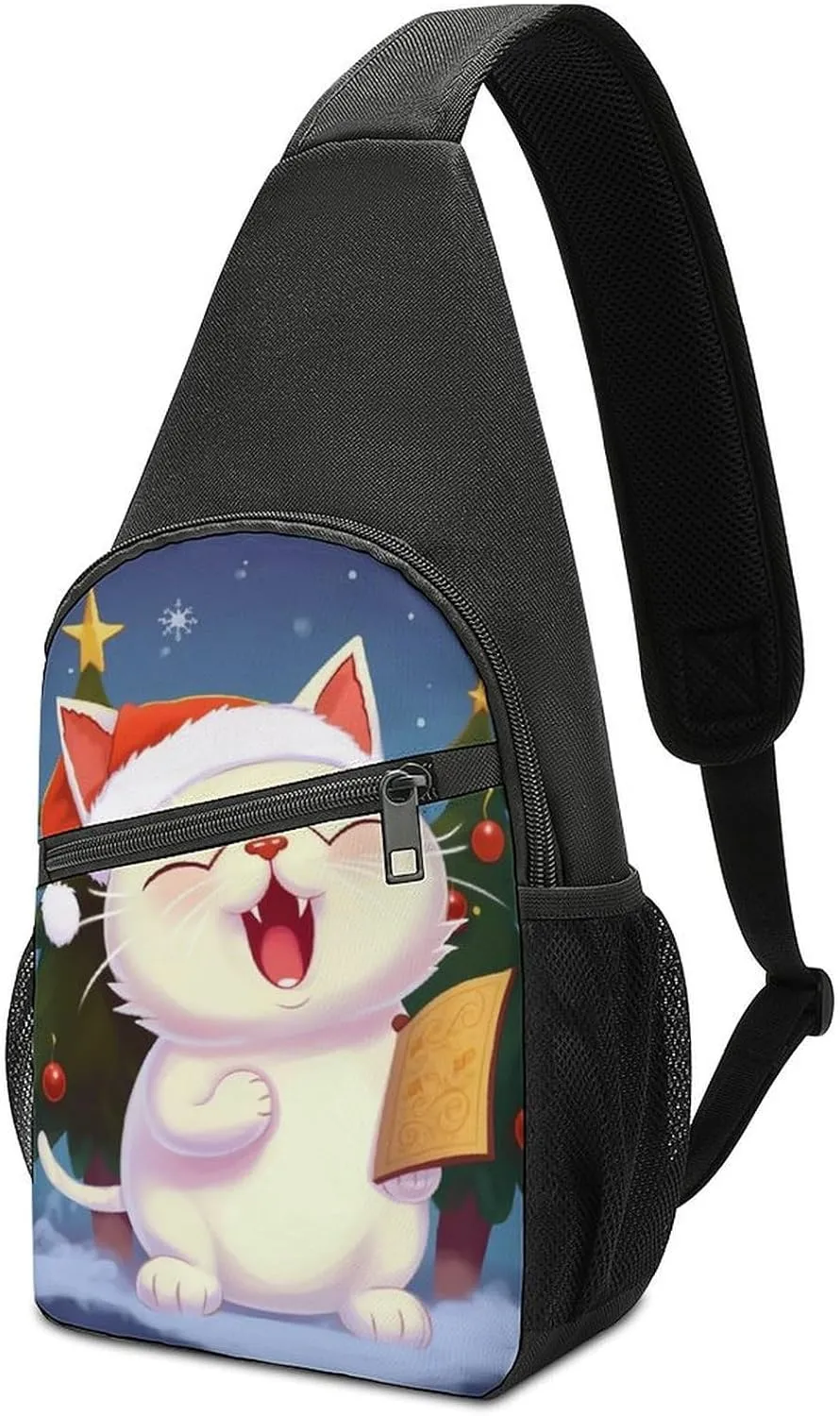 Cute Cat Sing Christmas Carols Sling Bag Sport Backpack Hiking Daypack Casual Chest Packs Crossbody Bag for Men Women
