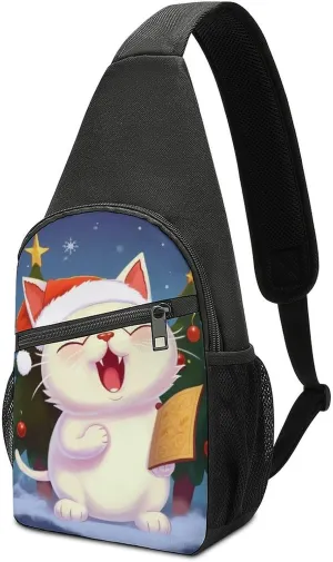 Cute Cat Sing Christmas Carols Sling Bag Sport Backpack Hiking Daypack Casual Chest Packs Crossbody Bag for Men Women