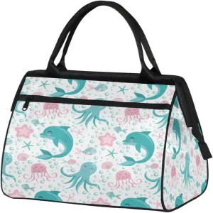 Cute Octopuses Dolphin Jellyfish Shell Fish Starfish Travel Duffel Bag Sports Travel Duffel Bag Waterproof Durable Large Gym Tote Bag Weekender Overnight Bag for Women Travel Gym Yoga
