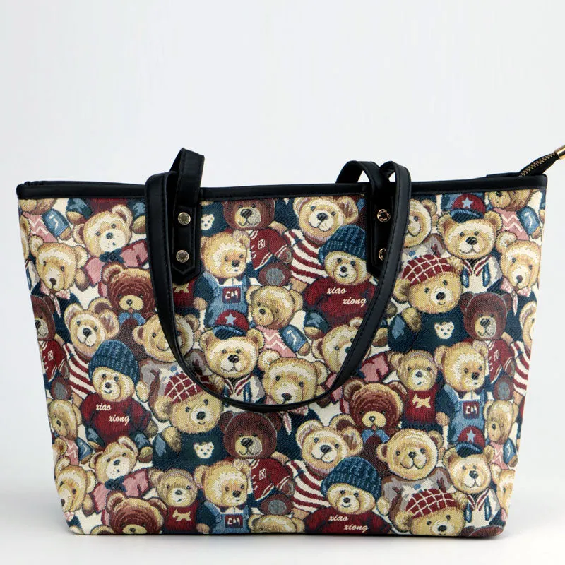 Cute Teddy Bear Print Canvas Large Tote Bags #22