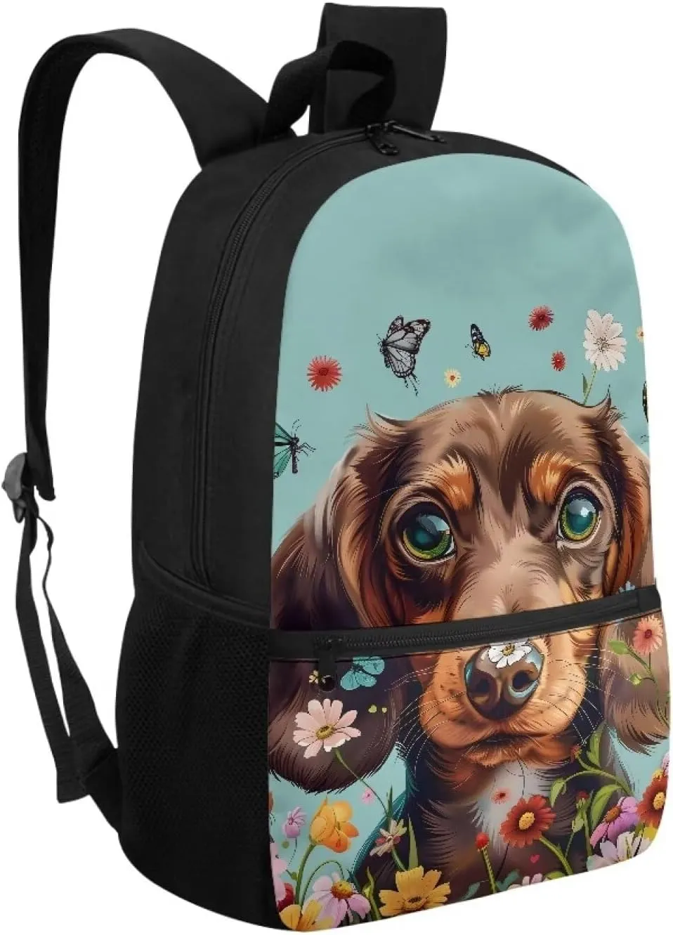 Dachshund Backpack for Women Schoolbag for Kids Butterfly Floral School Bookbag with Water Bottle Pockets Lightweight School Backpacks for Casual