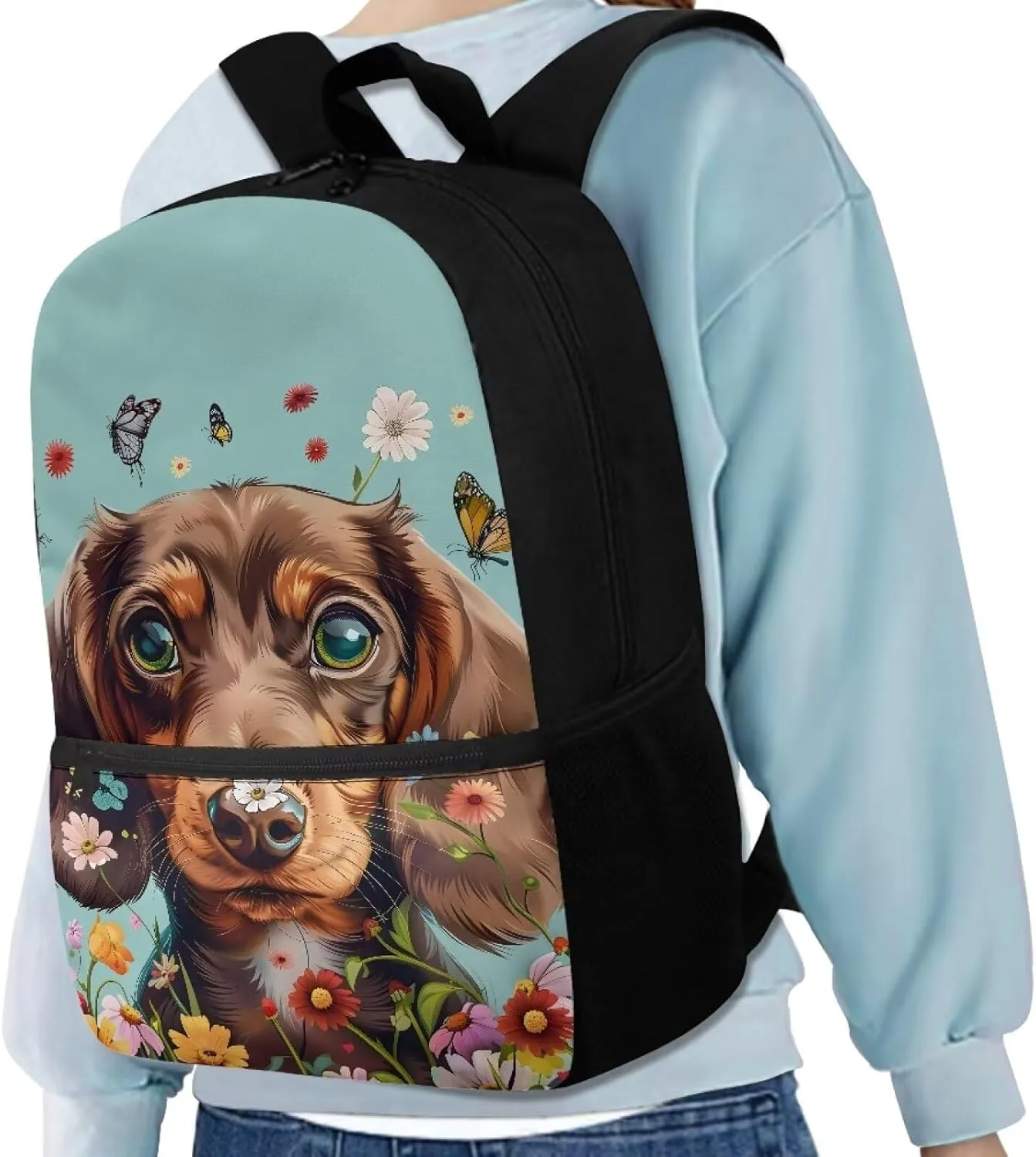 Dachshund Backpack for Women Schoolbag for Kids Butterfly Floral School Bookbag with Water Bottle Pockets Lightweight School Backpacks for Casual