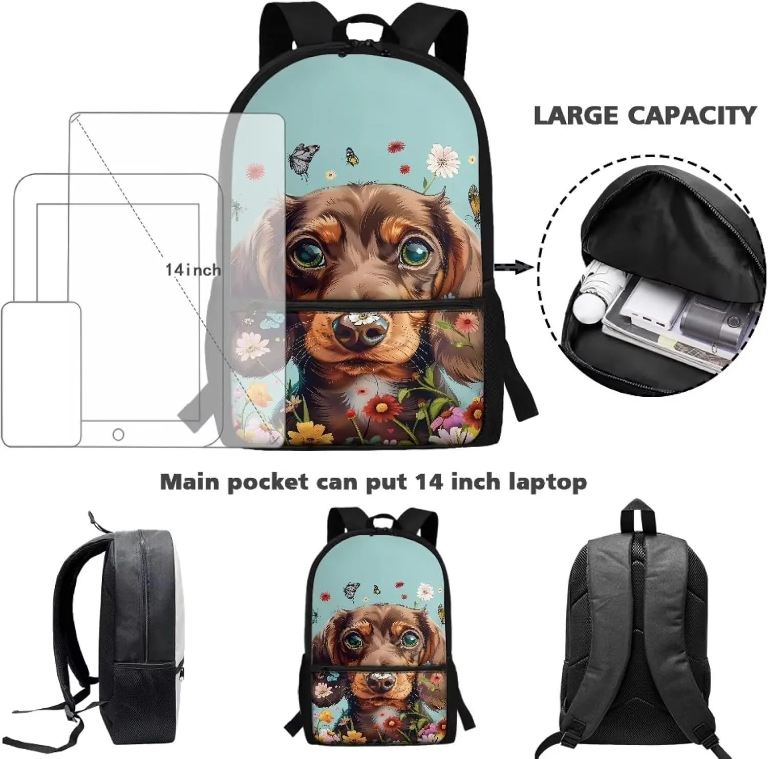 Dachshund Backpack for Women Schoolbag for Kids Butterfly Floral School Bookbag with Water Bottle Pockets Lightweight School Backpacks for Casual