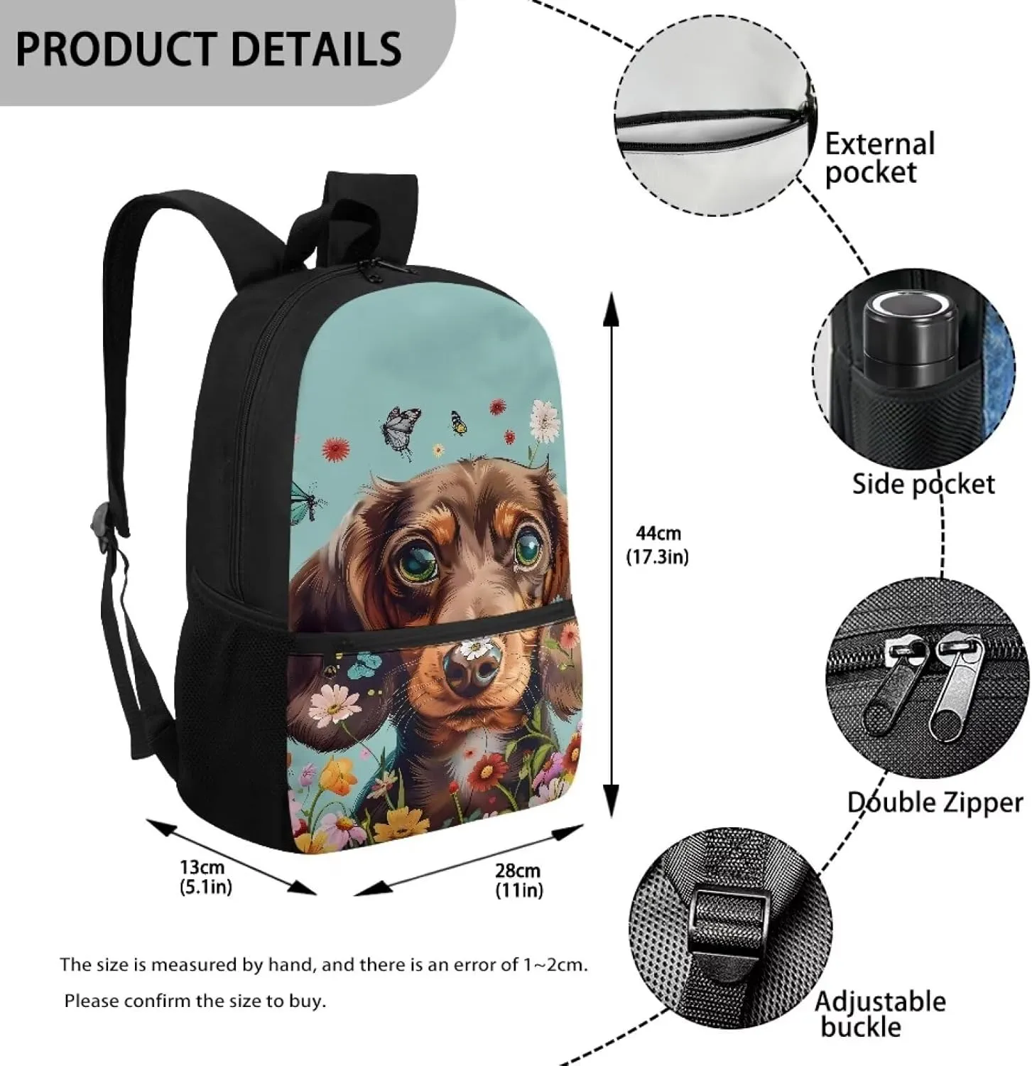 Dachshund Backpack for Women Schoolbag for Kids Butterfly Floral School Bookbag with Water Bottle Pockets Lightweight School Backpacks for Casual