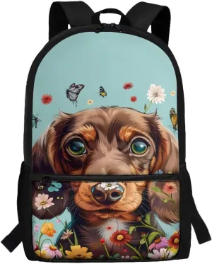 Dachshund Backpack for Women Schoolbag for Kids Butterfly Floral School Bookbag with Water Bottle Pockets Lightweight School Backpacks for Casual