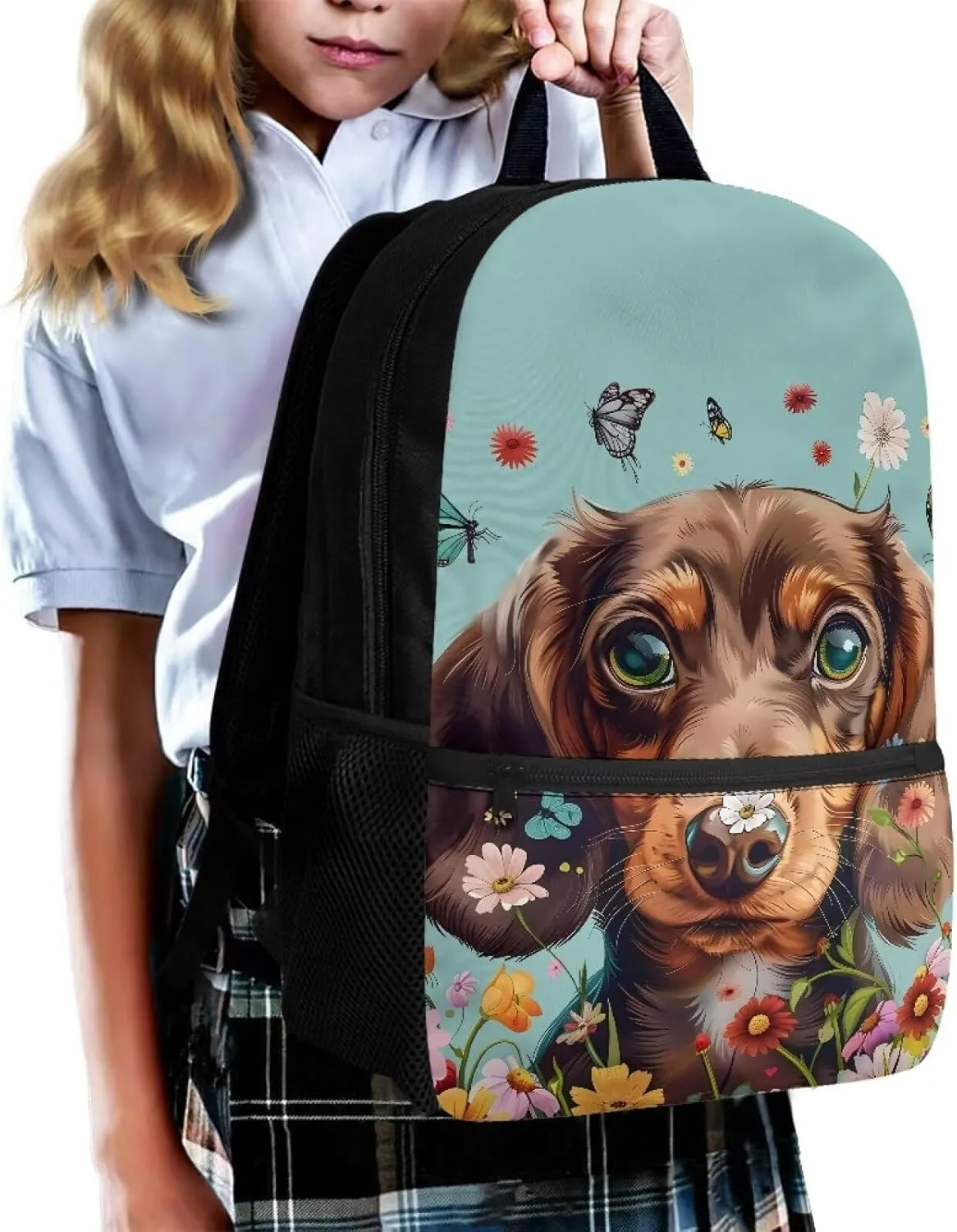 Dachshund Backpack for Women Schoolbag for Kids Butterfly Floral School Bookbag with Water Bottle Pockets Lightweight School Backpacks for Casual