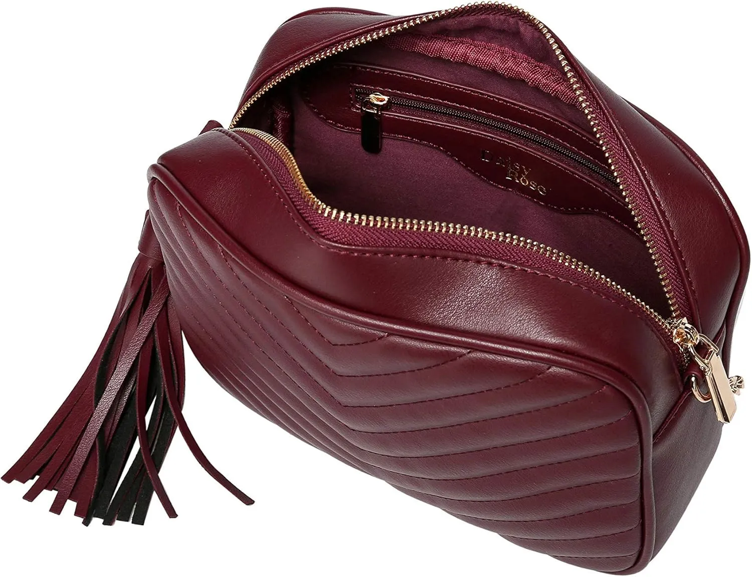Daisy Rose Quilted Shoulder Cross Body Bag & Detachable Tassel, PU Vegan Leather