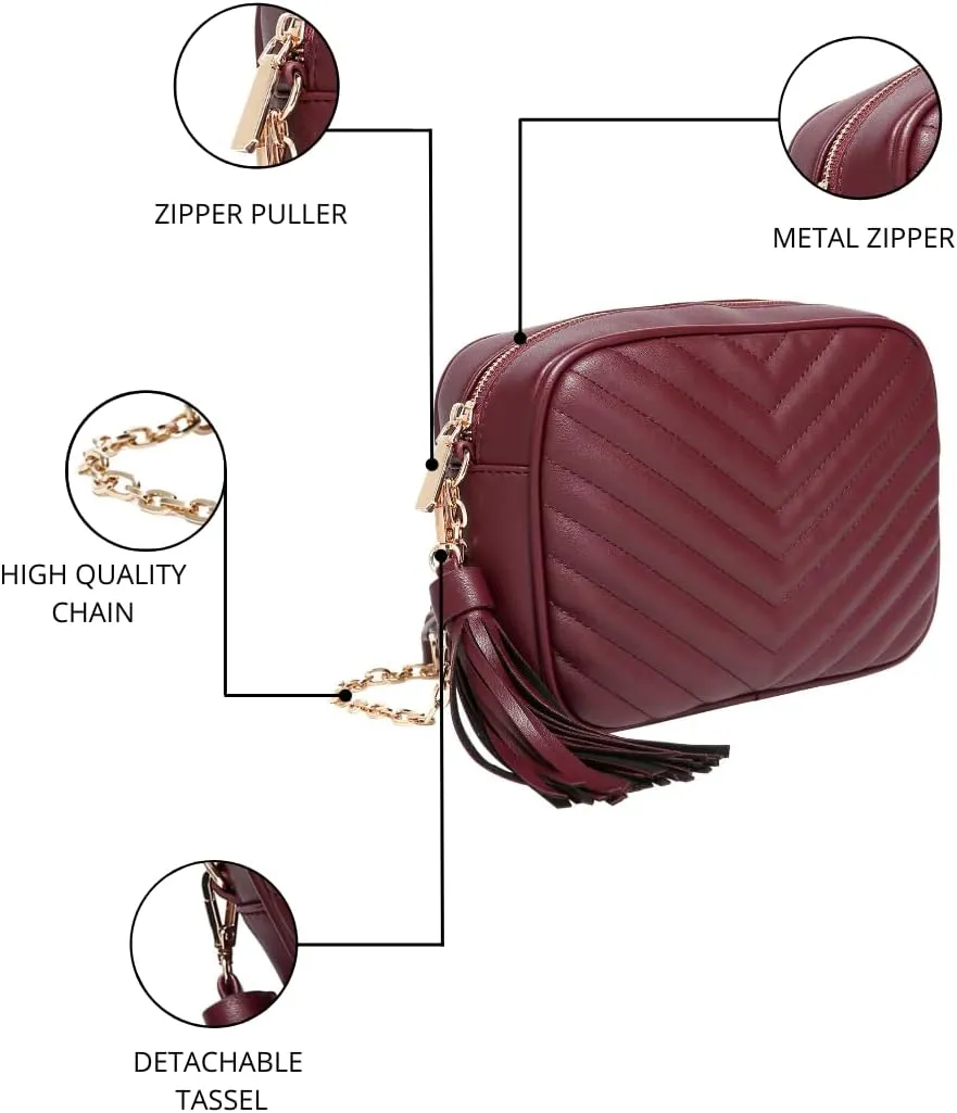 Daisy Rose Quilted Shoulder Cross Body Bag & Detachable Tassel, PU Vegan Leather