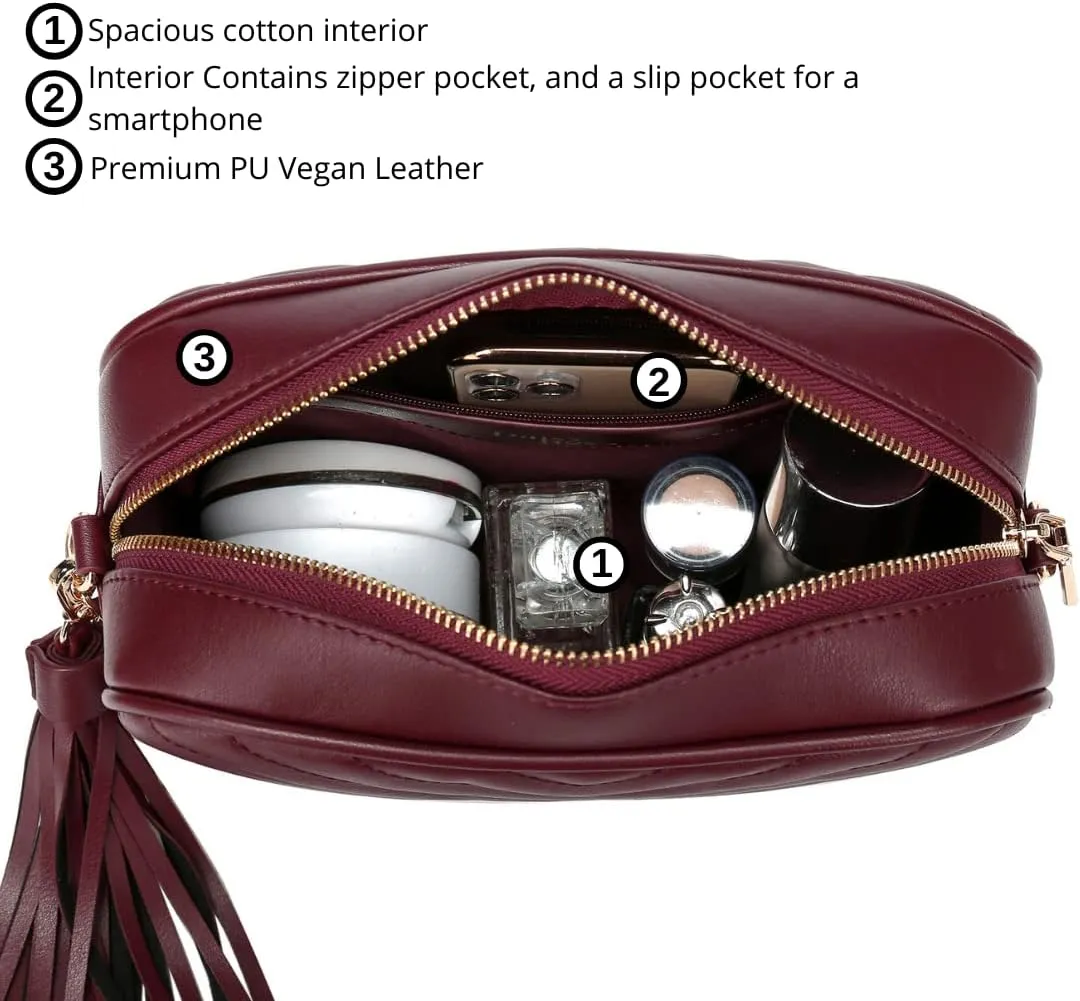 Daisy Rose Quilted Shoulder Cross Body Bag & Detachable Tassel, PU Vegan Leather