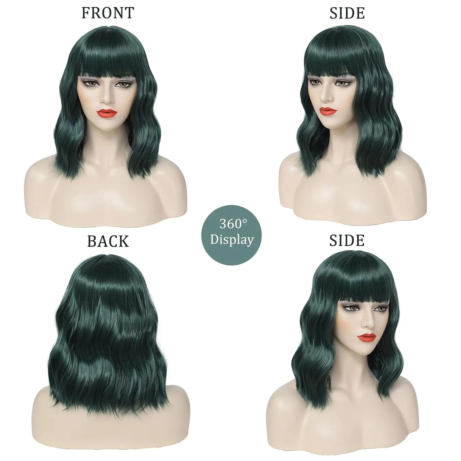 Dark Green Short Bob Wavy Wigs with Bangs for Women Loose Wavy Green Bob Wig Shoulder Length Synthetic Colorful Halloween Costume Wig Cosplay Wigs for Girl