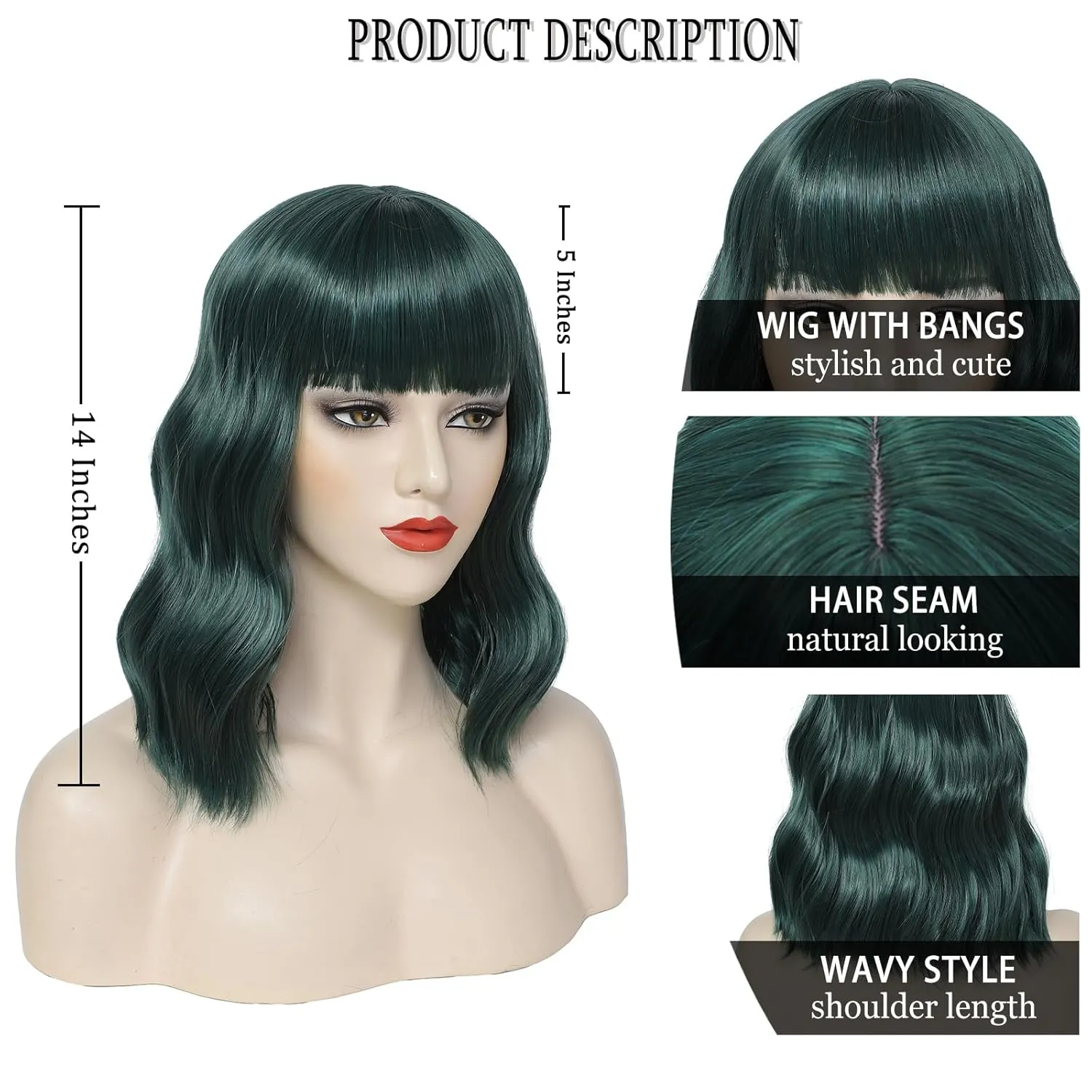 Dark Green Short Bob Wavy Wigs with Bangs for Women Loose Wavy Green Bob Wig Shoulder Length Synthetic Colorful Halloween Costume Wig Cosplay Wigs for Girl