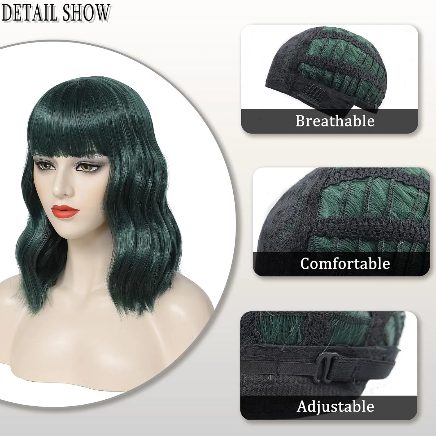 Dark Green Short Bob Wavy Wigs with Bangs for Women Loose Wavy Green Bob Wig Shoulder Length Synthetic Colorful Halloween Costume Wig Cosplay Wigs for Girl