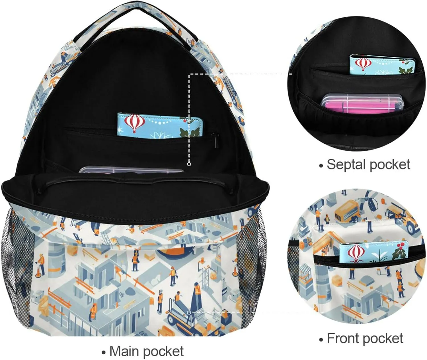 Day Backpack for Men and Women Waterproof Backpack with Chest Strap for College Work Construction Scene Concrete Mixer Truck