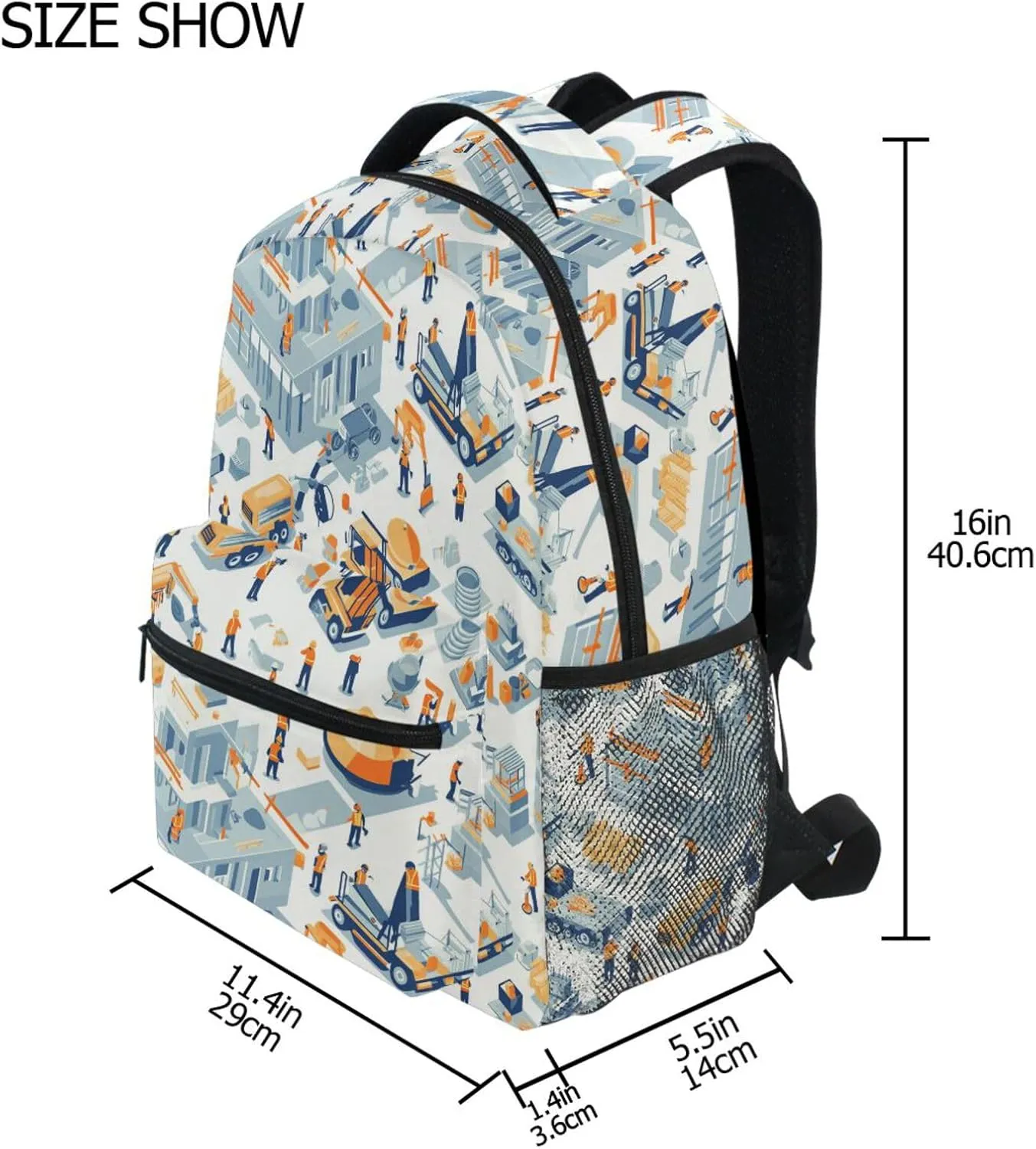 Day Backpack for Men and Women Waterproof Backpack with Chest Strap for College Work Construction Scene Concrete Mixer Truck