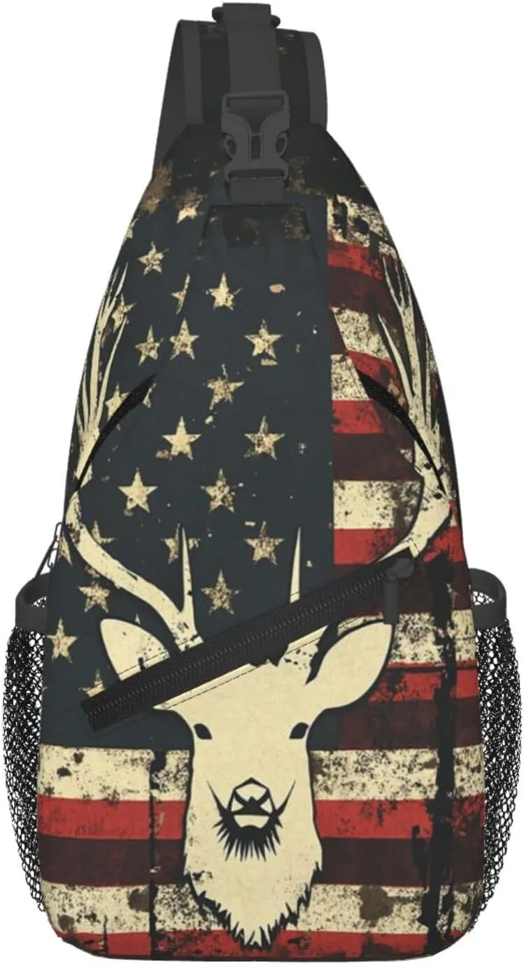 Deer Camo Camouflage American Flag Hunting Sling Backpack Hiking Backpack Crossbody Bag Sports Lightweight And Durable Chest Bag Shoulder Bag For Women Men