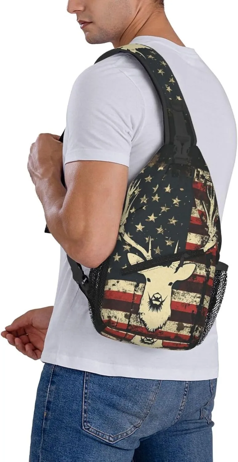 Deer Camo Camouflage American Flag Hunting Sling Backpack Hiking Backpack Crossbody Bag Sports Lightweight And Durable Chest Bag Shoulder Bag For Women Men